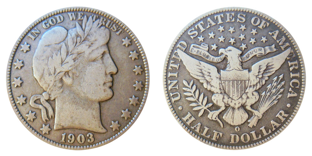 1903-O Barber Half Dollar comparison: worn circulated example versus high-grade Mint State example