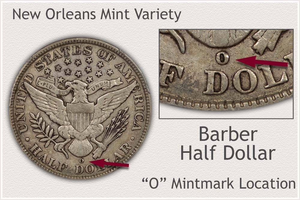1903-O Barber Half Dollar showing O mint mark above eagle tail feathers on the reverse