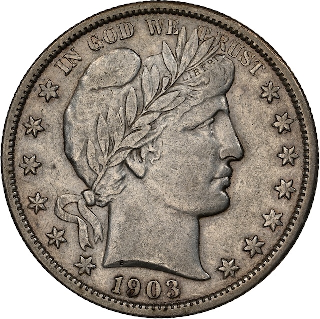 1903 Barber Half Dollar reverse shield close-up showing Full Shield Lines horizontal detail