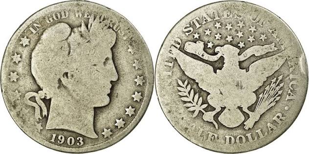 Group of 1903 Barber Half Dollars showing various grade levels from worn to Mint State
