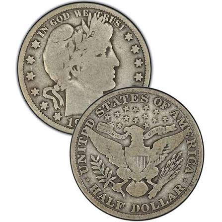 1903 Barber Half Dollar grading strip showing four condition tiers from Good to Mint State